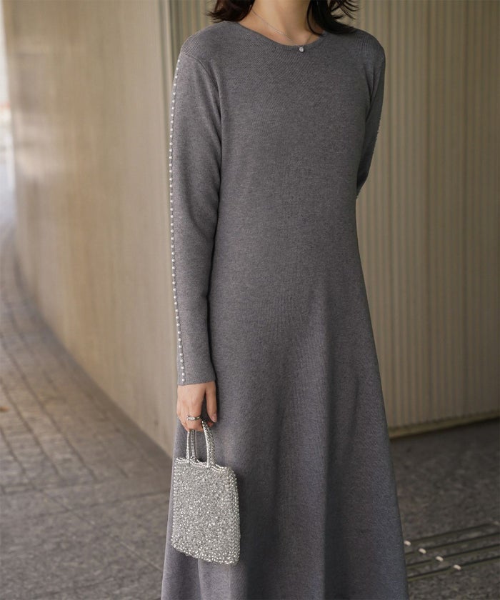 パールトリム Aライン ニット ワンピース レディース 秋 冬 春 ウェーブ オフィス 大人 アイボリー グレー ブラック M