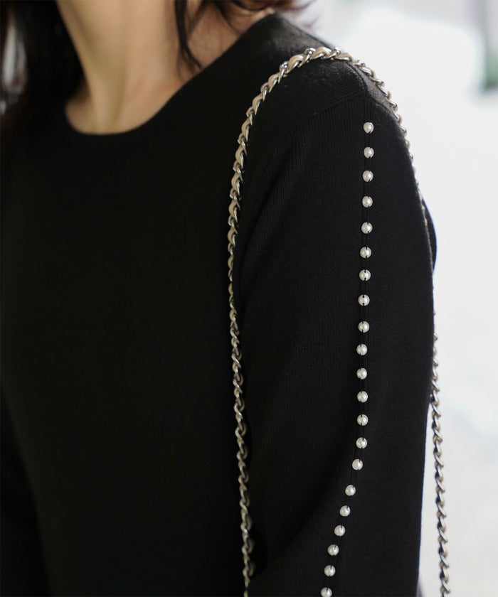 パールトリム Aライン ニット ワンピース レディース 秋 冬 春 ウェーブ オフィス 大人 アイボリー グレー ブラック M