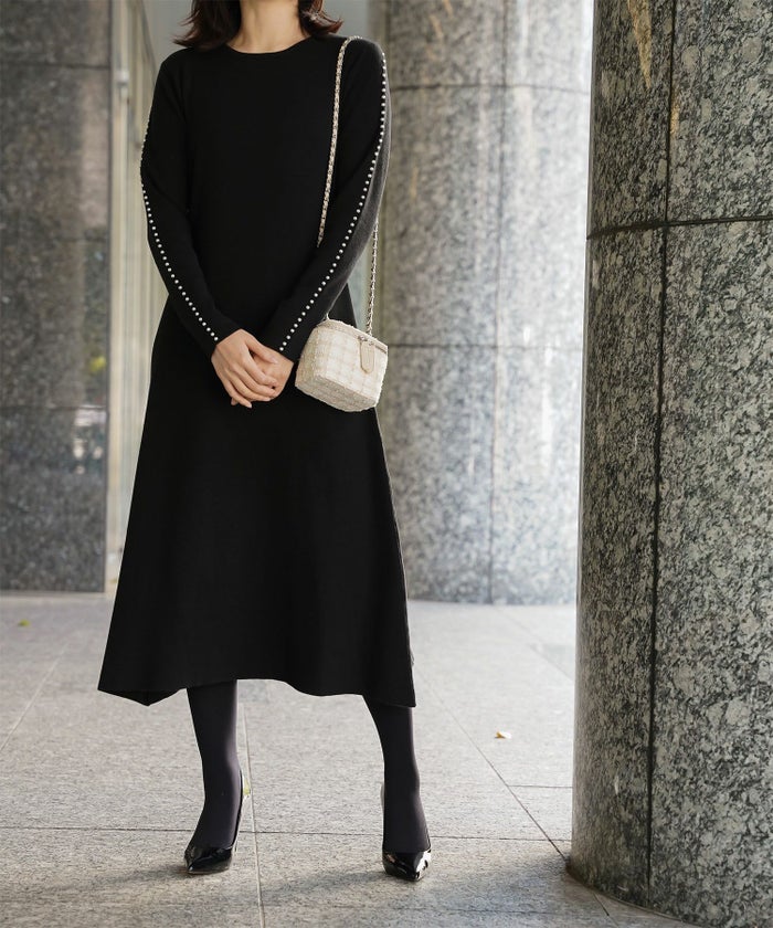 パールトリム Aライン ニット ワンピース レディース 秋 冬 春 ウェーブ オフィス 大人 アイボリー グレー ブラック M