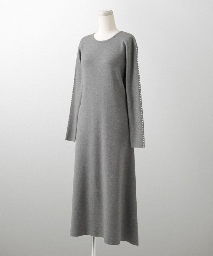 パールトリム Aライン ニット ワンピース レディース 秋 冬 春 ウェーブ オフィス 大人 アイボリー グレー ブラック M