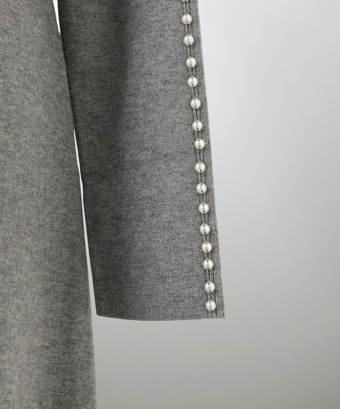 パールトリム Aライン ニット ワンピース レディース 秋 冬 春 ウェーブ オフィス 大人 アイボリー グレー ブラック M