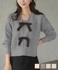 トップス ニット 長袖 ローゲージ ざっくり 編み 畔編み ミント ピンクベージュ アイボリー チャコール 秋 冬 リボン ベロア オシャレ 上品 カワイイ エレガント ベロア リボン ローゲージ ニット le reve vaniller