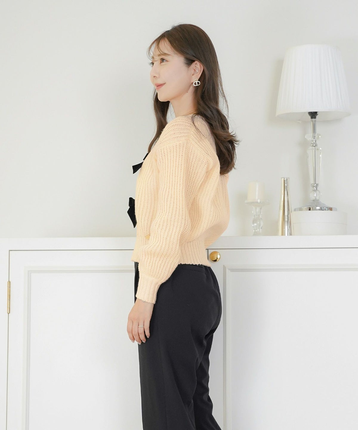 トップス ニット 長袖 ローゲージ ざっくり 編み 畔編み ミント ピンクベージュ アイボリー チャコール 秋 冬 リボン ベロア オシャレ 上品 カワイイ エレガント ジョイントスペース