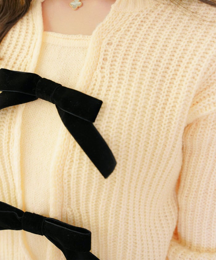 トップス ニット 長袖 ローゲージ ざっくり 編み 畔編み ミント ピンクベージュ アイボリー チャコール 秋 冬 リボン ベロア オシャレ 上品 カワイイ エレガント ジョイントスペース