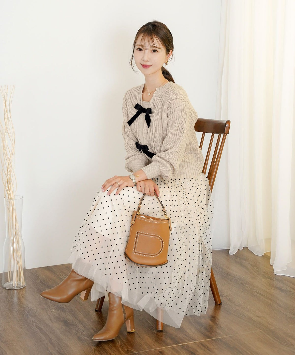 トップス ニット 長袖 ローゲージ ざっくり 編み 畔編み ミント ピンクベージュ アイボリー チャコール 秋 冬 リボン ベロア オシャレ 上品 カワイイ エレガント ジョイントスペース