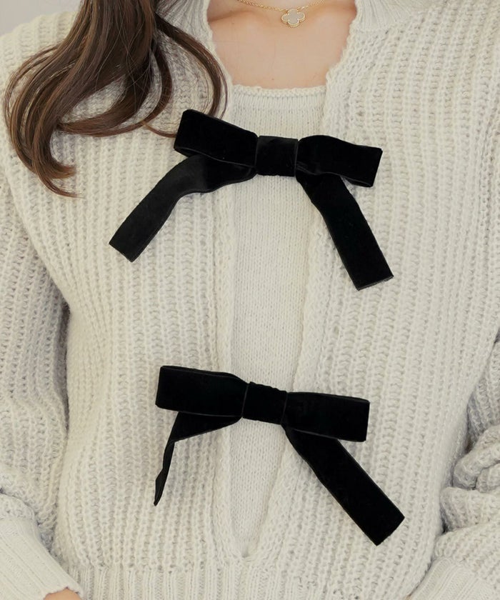 トップス ニット 長袖 ローゲージ ざっくり 編み 畔編み ミント ピンクベージュ アイボリー チャコール 秋 冬 リボン ベロア オシャレ 上品 カワイイ エレガント ジョイントスペース