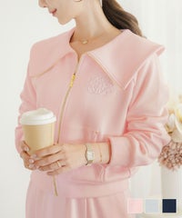 トップス カットソー 裏起毛 スウェット ワンマイル カワイイ ロゴ 上品 エレガント 刺繍 イニシャル ブランドロゴ カジュアル 羽織 襟 リブ 長袖 ピンク サックス ネイビー 秋 冬 裏起毛 襟付き ジップアップ スウェット le reve vaniller