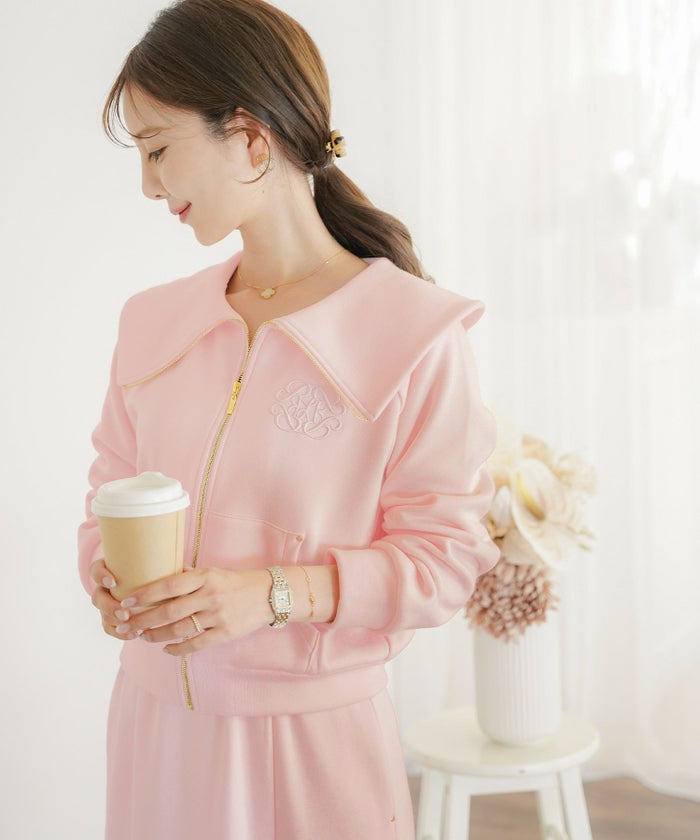 トップス カットソー 裏起毛 スウェット ワンマイル カワイイ ロゴ 上品 エレガント 刺繍 イニシャル ブランドロゴ カジュアル 羽織 襟 リブ 長袖 ピンク サックス ネイビー 秋 冬