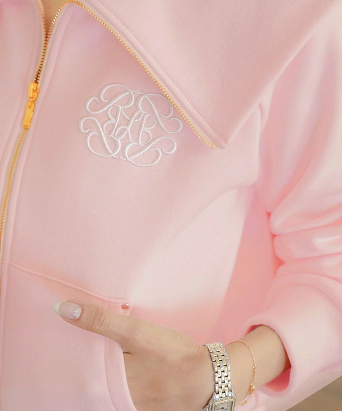 トップス カットソー 裏起毛 スウェット ワンマイル カワイイ ロゴ 上品 エレガント 刺繍 イニシャル ブランドロゴ カジュアル 羽織 襟 リブ 長袖 ピンク サックス ネイビー 秋 冬