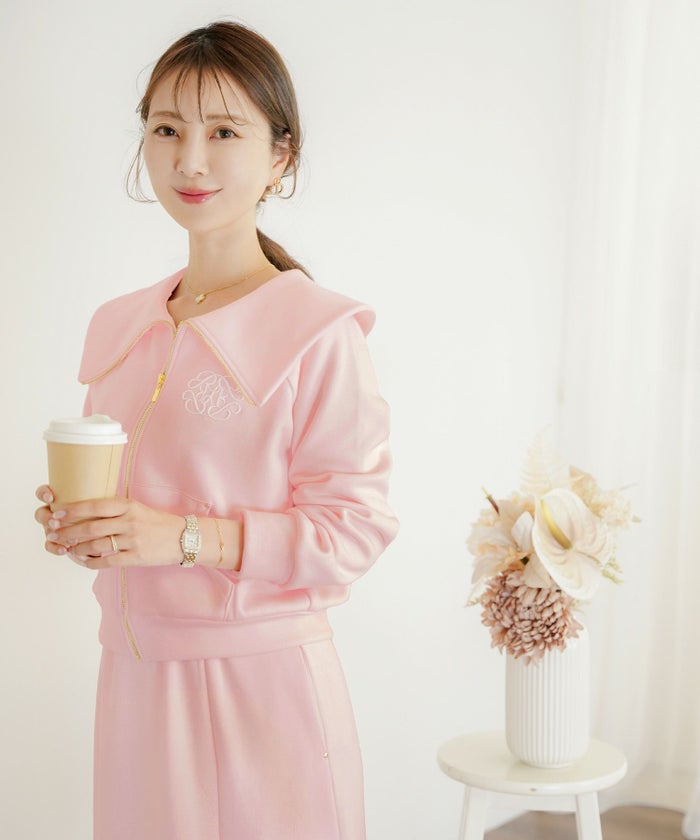 トップス カットソー 裏起毛 スウェット ワンマイル カワイイ ロゴ 上品 エレガント 刺繍 イニシャル ブランドロゴ カジュアル 羽織 襟 リブ 長袖 ピンク サックス ネイビー 秋 冬