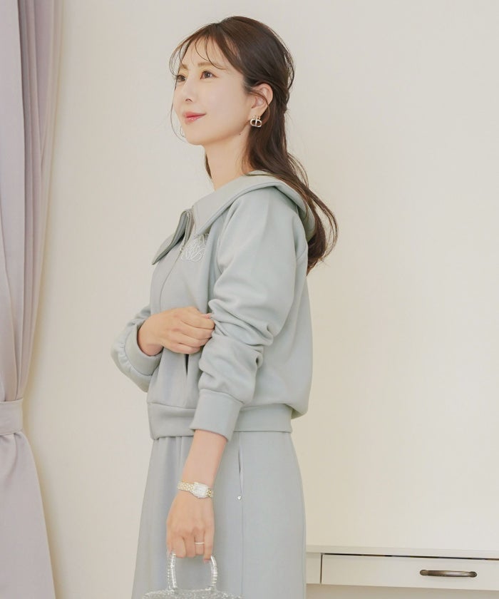 トップス カットソー 裏起毛 スウェット ワンマイル カワイイ ロゴ 上品 エレガント 刺繍 イニシャル ブランドロゴ カジュアル 羽織 襟 リブ 長袖 ピンク サックス ネイビー 秋 冬