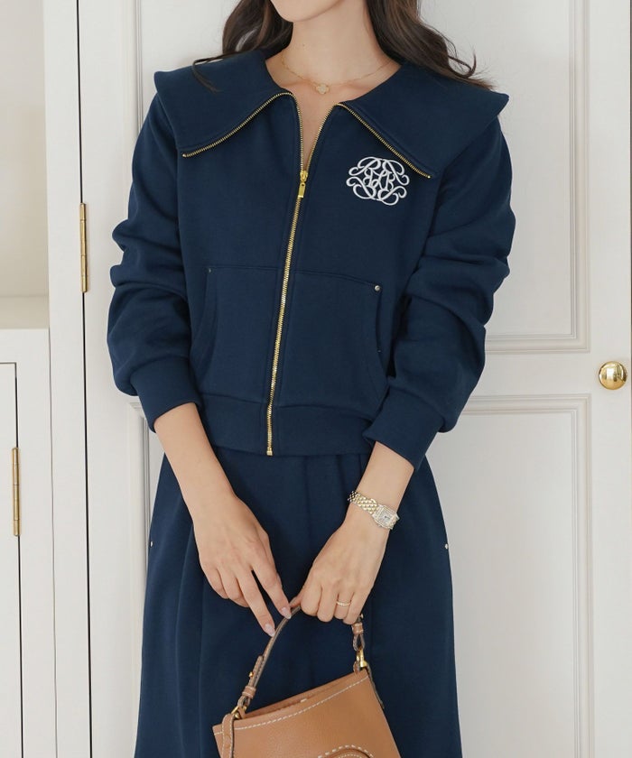 トップス カットソー 裏起毛 スウェット ワンマイル カワイイ ロゴ 上品 エレガント 刺繍 イニシャル ブランドロゴ カジュアル 羽織 襟 リブ 長袖 ピンク サックス ネイビー 秋 冬