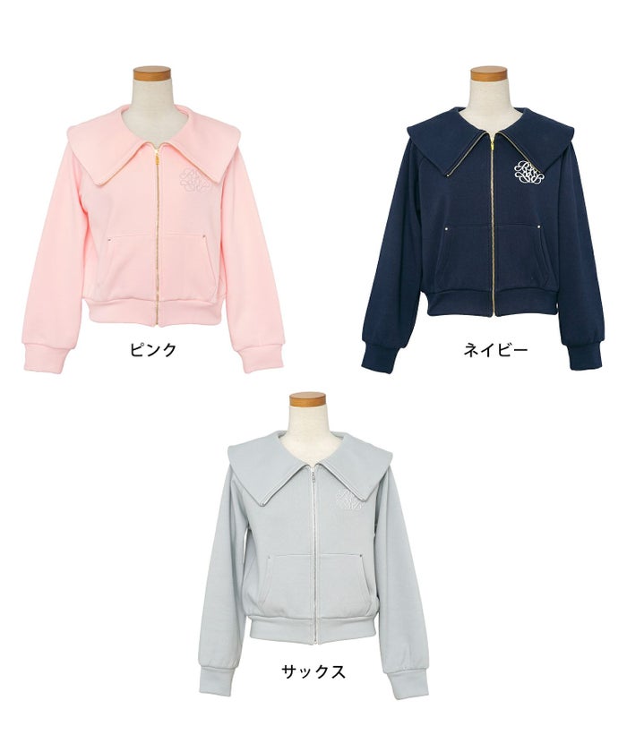 トップス カットソー 裏起毛 スウェット ワンマイル カワイイ ロゴ 上品 エレガント 刺繍 イニシャル ブランドロゴ カジュアル 羽織 襟 リブ 長袖 ピンク サックス ネイビー 秋 冬