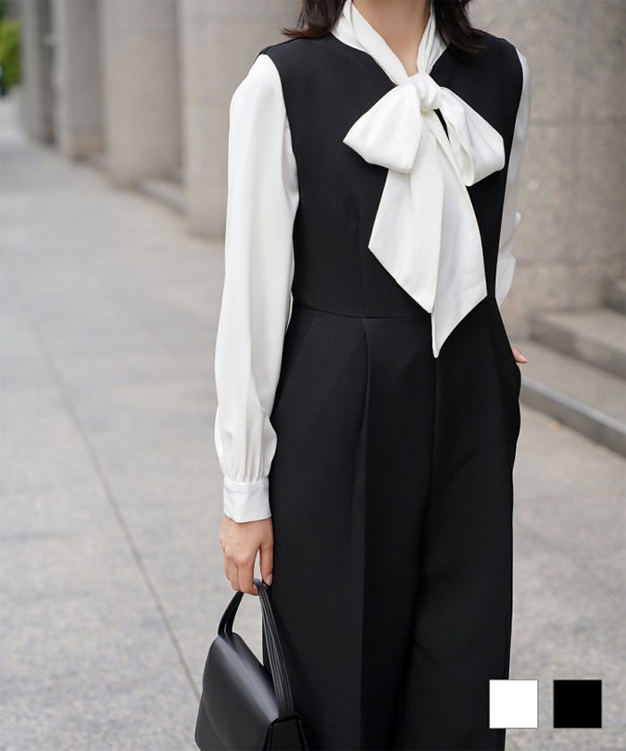 オケージョン対応 キーネックデザイン オールインワン 服 レディース おすすめ きれいめ おしゃれ ノースリーブ 手洗い ホワイト ブラック S M オケージョン対応 キーネックデザイン オールインワン HUIT