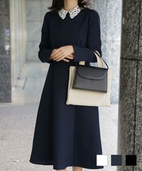 オケージョン対応 レース襟付き ワンピース 礼服 襟付き エレガント かわいい きれいめ 黒 長袖 S M ホワイト ネイビー ブラック オケージョン対応 レース襟付き ワンピース HUIT