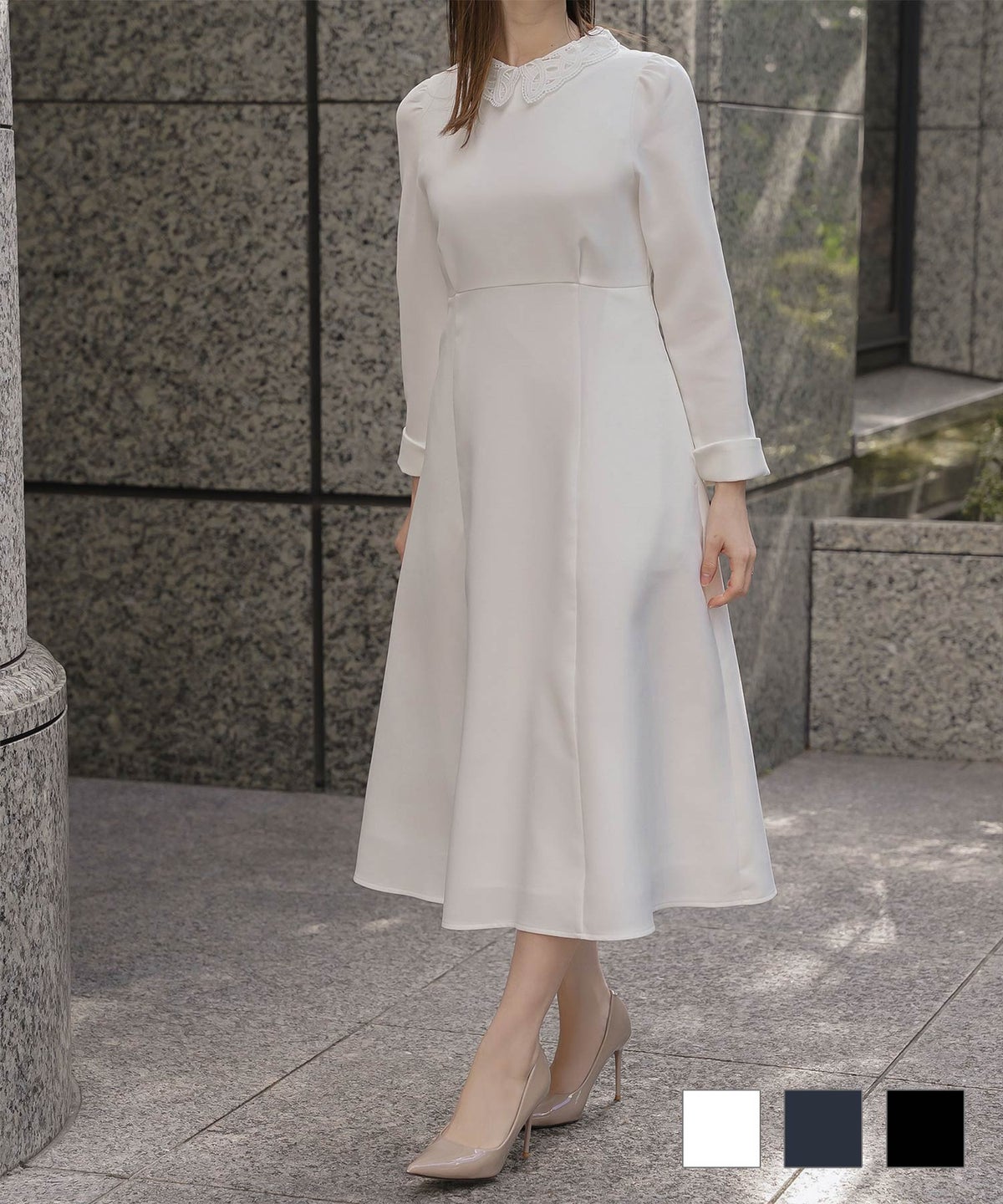 オケージョン対応 レース襟付き ワンピース 礼服 襟付き エレガント かわいい きれいめ 黒 長袖 S M ホワイト ネイビー ブラック オケージョン対応 レース襟付き ワンピース HUIT