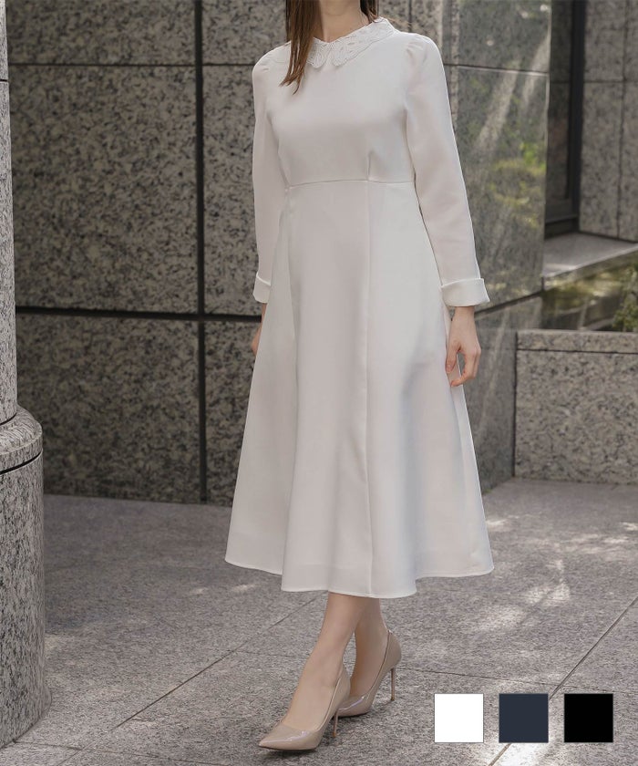 オケージョン対応 レース襟付き ワンピース 礼服 襟付き エレガント かわいい きれいめ 黒 長袖 S M ホワイト ネイビー ブラック オケージョン対応 レース襟付き ワンピース HUIT