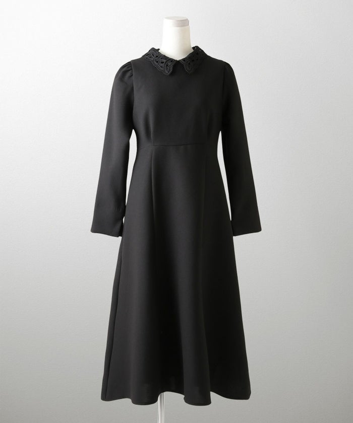 オケージョン対応 レース襟付き ワンピース 礼服 襟付き エレガント かわいい きれいめ 黒 長袖 S M ホワイト ネイビー ブラック