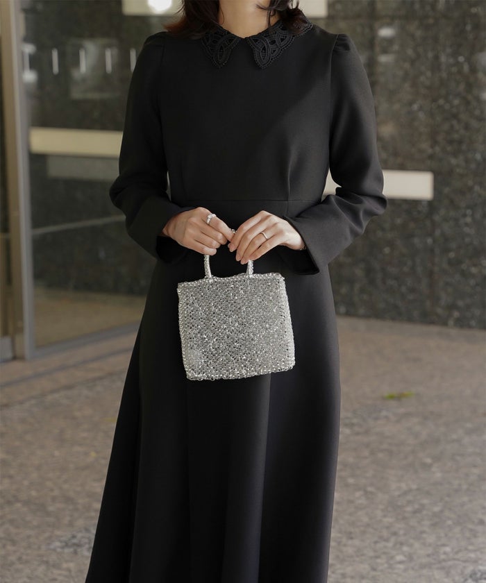 オケージョン対応 レース襟付き ワンピース 礼服 襟付き エレガント かわいい きれいめ 黒 長袖 S M ホワイト ネイビー ブラック