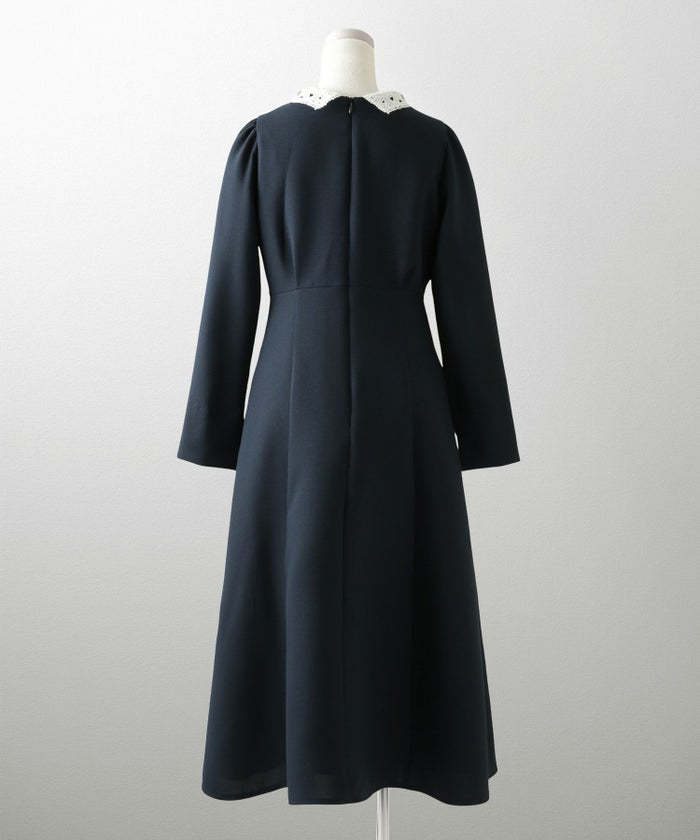 オケージョン対応 レース襟付き ワンピース 礼服 襟付き エレガント かわいい きれいめ 黒 長袖 S M ホワイト ネイビー ブラック