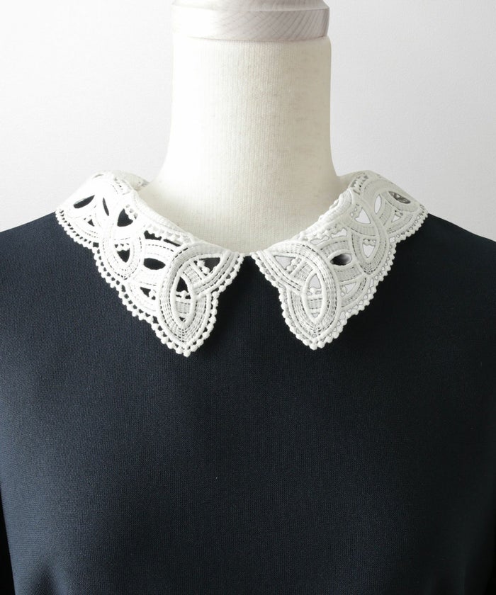 オケージョン対応 レース襟付き ワンピース 礼服 襟付き エレガント かわいい きれいめ 黒 長袖 S M ホワイト ネイビー ブラック