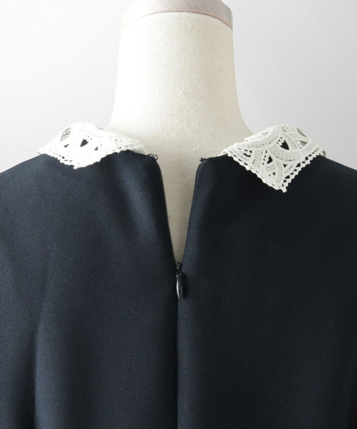 オケージョン対応 レース襟付き ワンピース 礼服 襟付き エレガント かわいい きれいめ 黒 長袖 S M ホワイト ネイビー ブラック