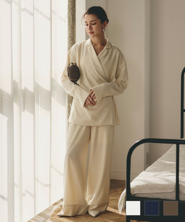 バックオープンモテワンピ お家デート デートコーデ ディナー クリスマス あざと可愛い 大人パジャマ 楽 ワイドパンツ 韓国風 綺麗め 細見え カジュアル KINO THE KEI [DAILY & LOUNGEWEAR] パイピング ワイド パンツ KINO THE KEI