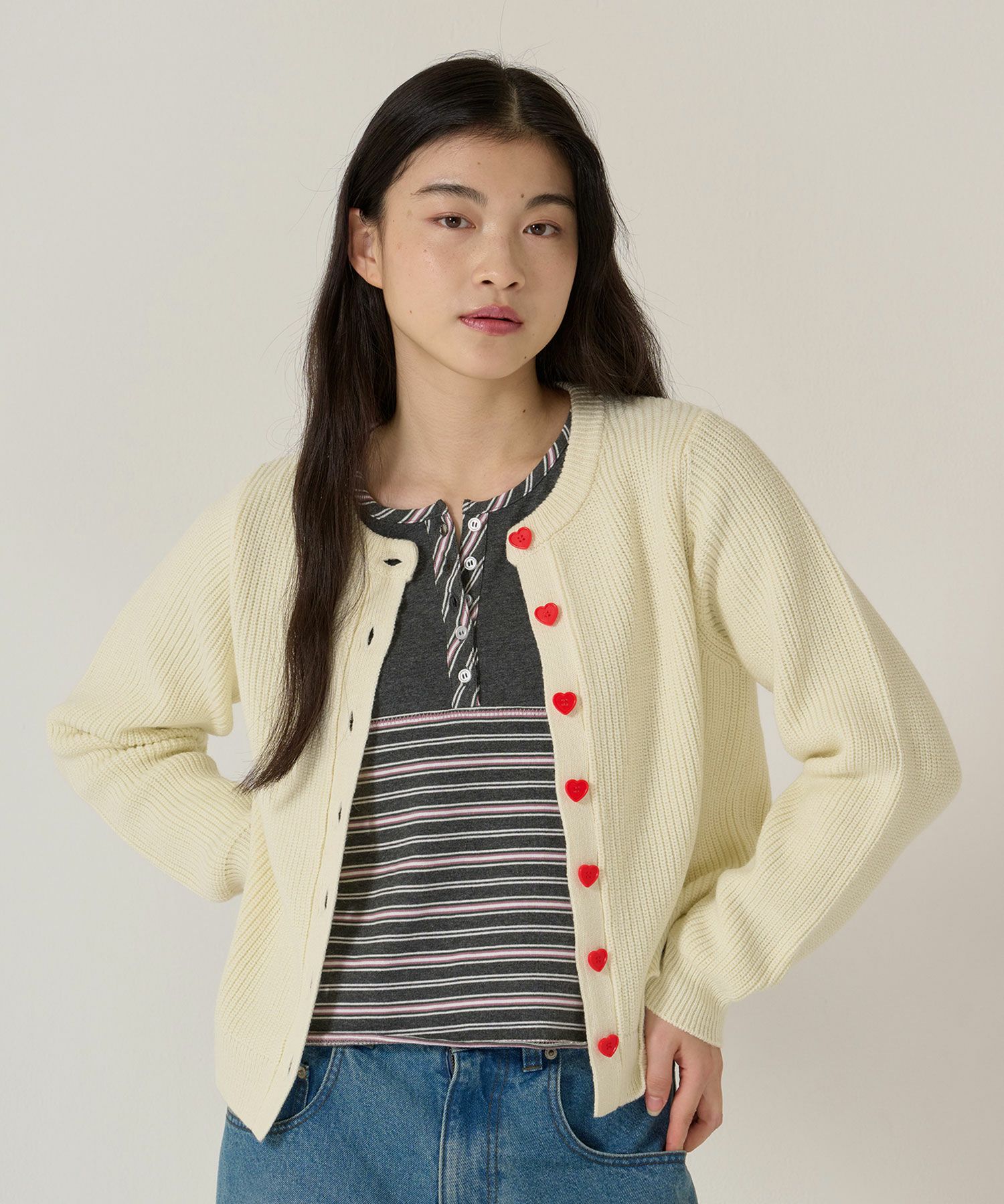 FINAL SALE ハートボタン 畦編み ニットカーディガン TINA：JOJUN 全3
