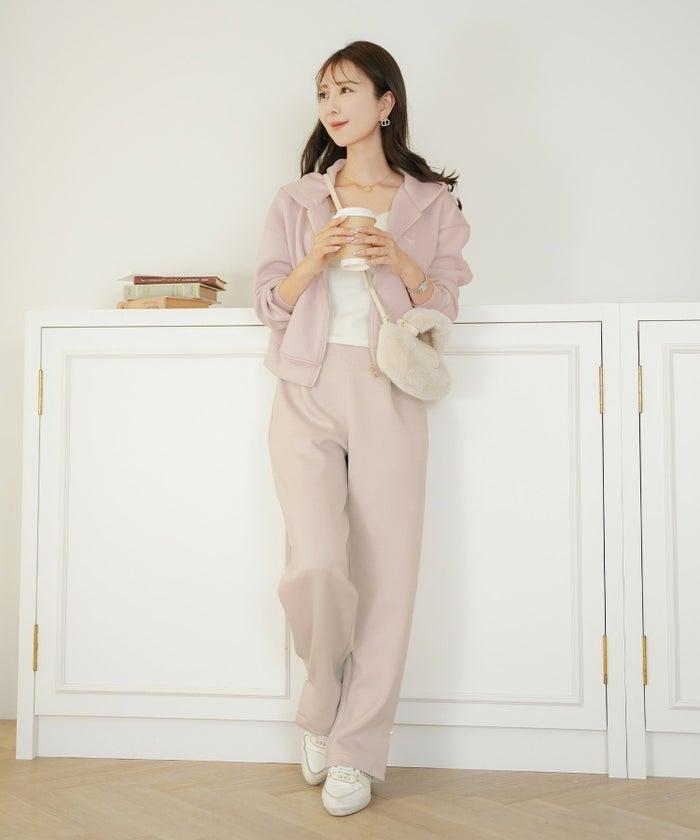 ボトムス パンツ ダンボールニット 伸縮 リラックス ストレートパンツ ワイドパンツ ポケット ピンク ネイビー カジュアル 上品 エレガント フェミニン スポーツ 運動会