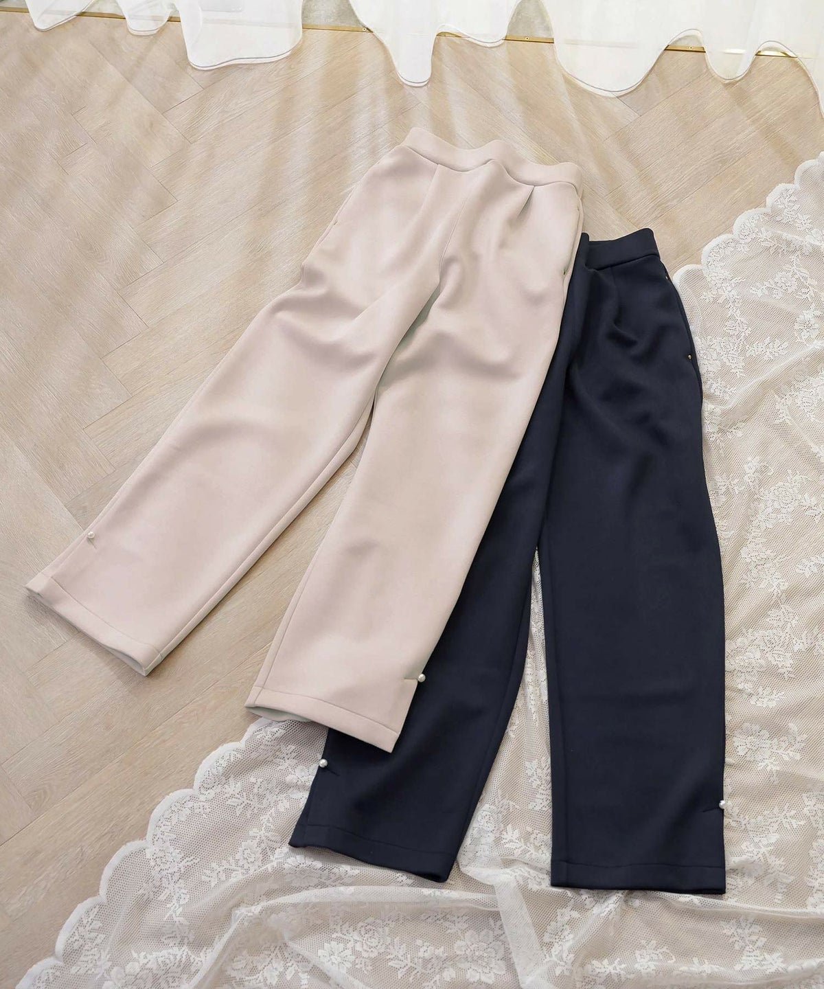 ボトムス パンツ ダンボールニット 伸縮 リラックス ストレートパンツ ワイドパンツ ポケット ピンク ネイビー カジュアル 上品 エレガント フェミニン スポーツ 運動会