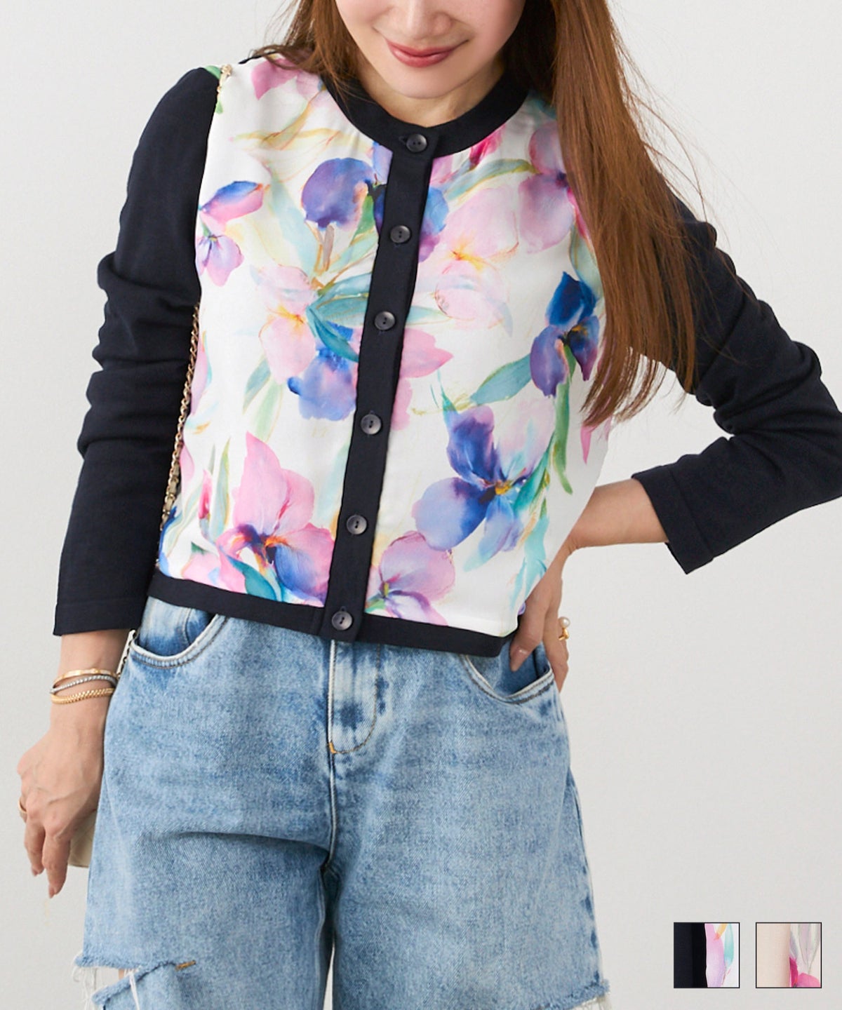 手洗い可 大人可愛い 上品 きれいめ ドッキング 大人カジュアル オフィス フェミニン 柄 ジョイントスペース イタリープリント 丸首 ニット カーディガン Liala×PG