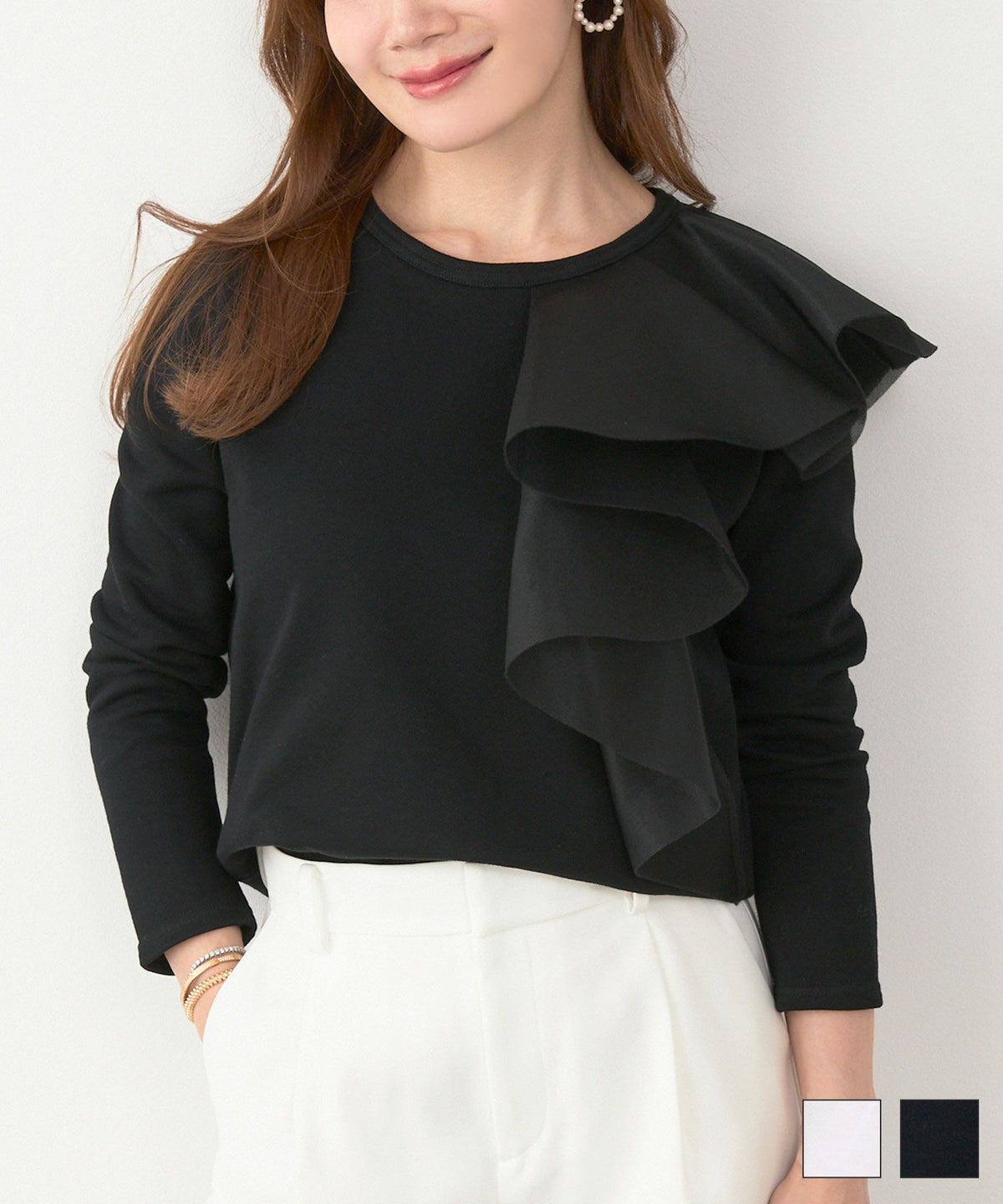 手洗い可 日本製 大人可愛い 上品 きれいめ オフィス 大人カジュアル フェミニン ジョイントスペース アシンメトリー ラッフル 裏毛 プルオーバー Liala×PG