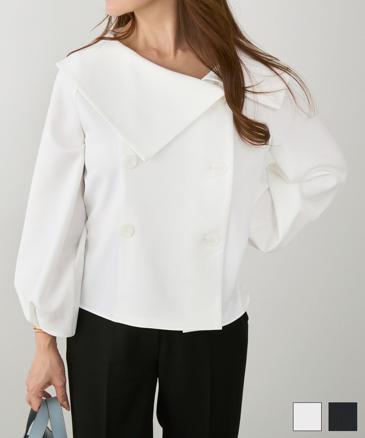 ホワイト　後ろボタン前後差ブラウス アシメカラー ダブルボタン ブラウス Liala×PG 全2色｜lpg841-2211【1