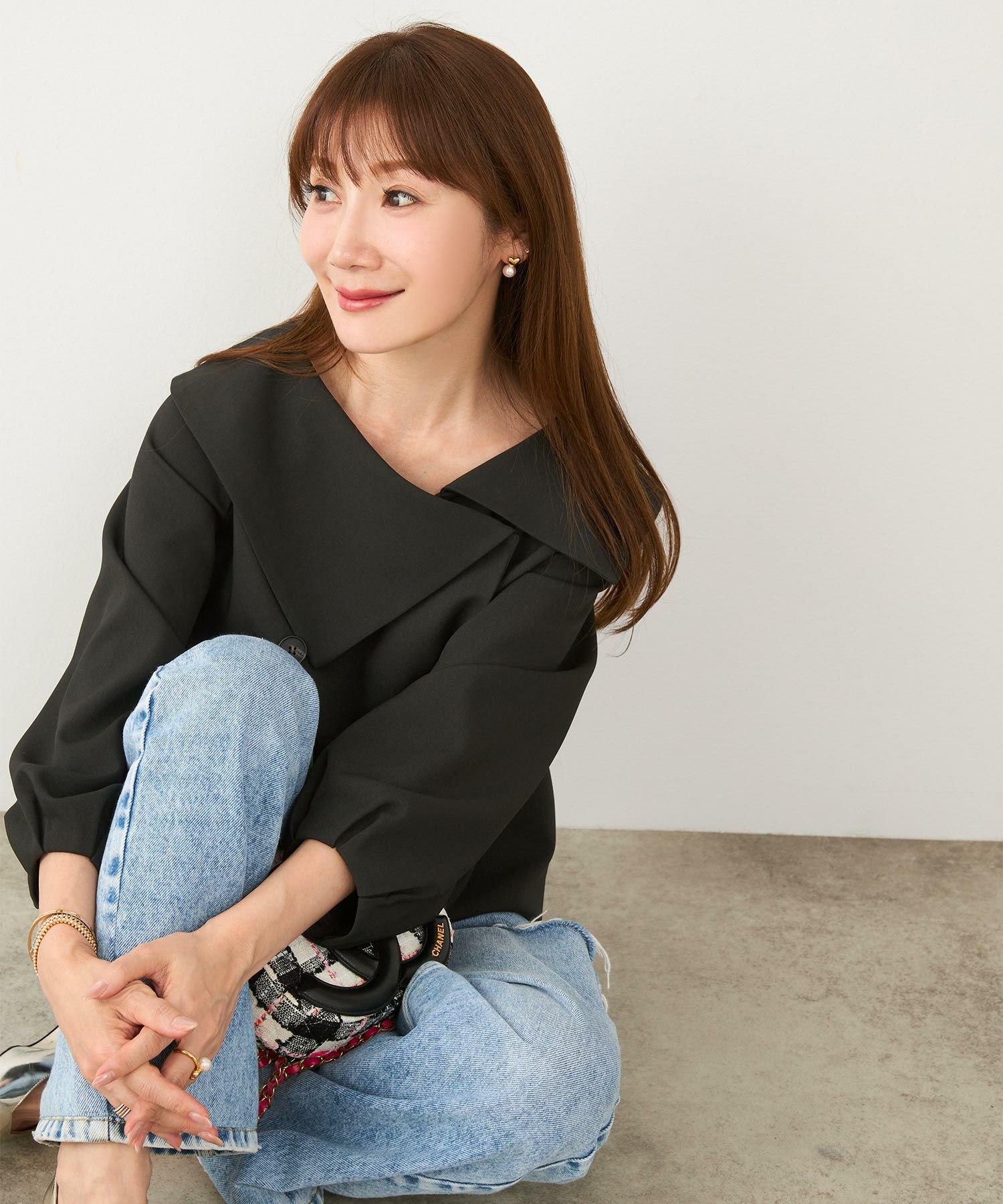 【1点もの・デザイン画付き】湾曲アシメトリー左右2種素材ブラウス アシメカラー ダブルボタン ブラウス Liala×PG 全2色｜lpg841-2211【1