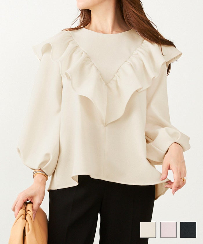 手洗い可 日本製 大人可愛い 上品 きれいめ オフィス 大人カジュアル フェミニン アンチピリング ジョイントスペース フリルタック パフ袖 ブラウス Liala×PG