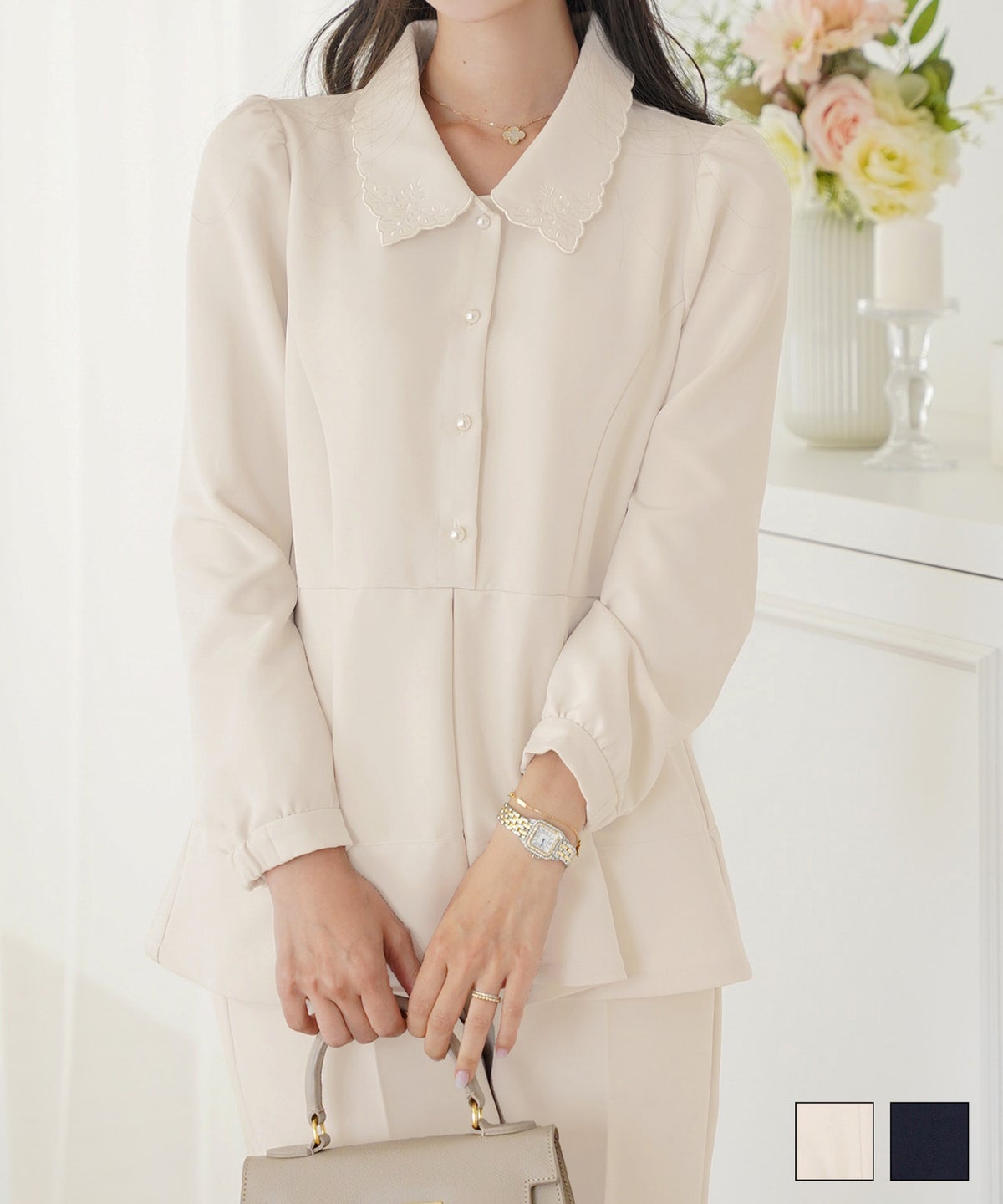 トップス ブラウス 上品 エレガント 入卒 入卒園 パンツスタイル 前あき パール タック ペプラム アイボリー ネイビー 刺繍 襟 ママ 授業参観 刺繍 襟付き タック ペプラム ブラウス le reve vaniller