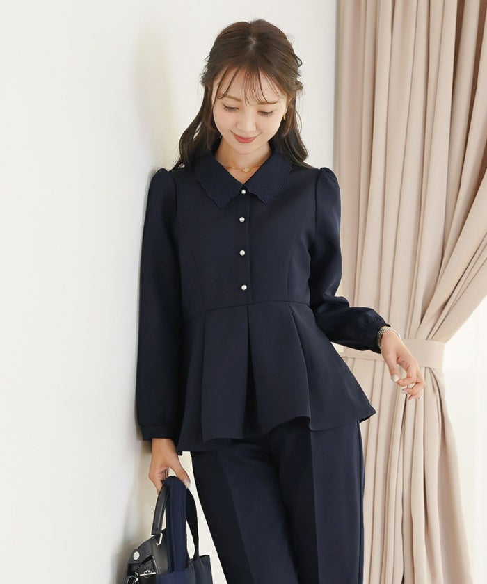 刺繍 襟付き タック ペプラム ブラウス le reve vaniller