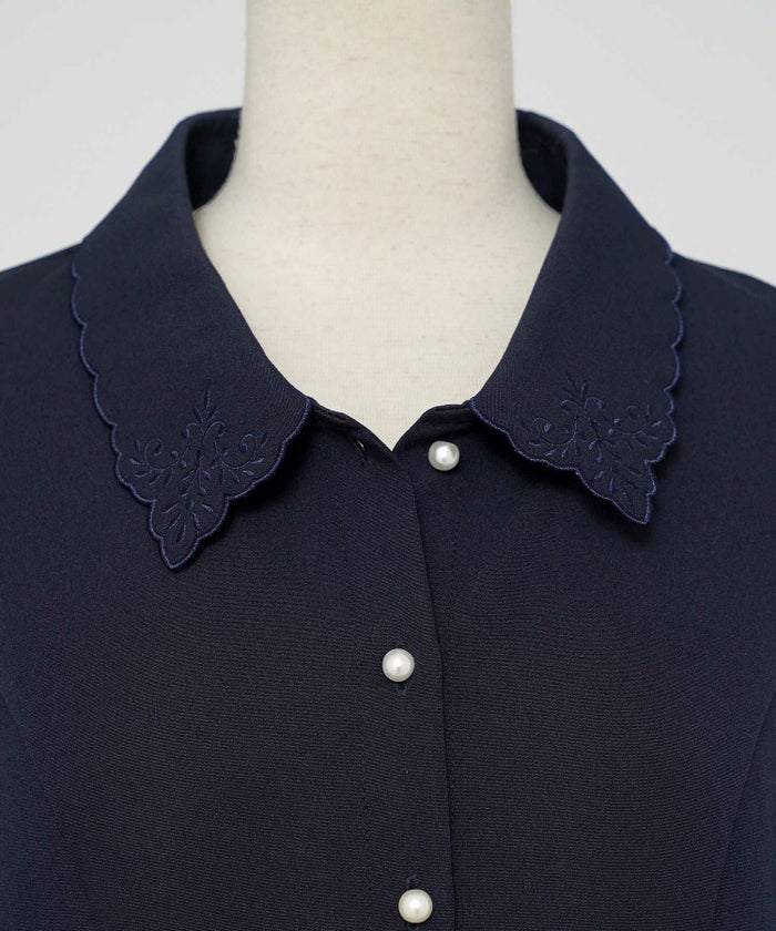 トップス ブラウス 上品 エレガント 入卒 入卒園 パンツスタイル 前あき パール タック ペプラム アイボリー ネイビー 刺繍 襟 ママ 授業参観