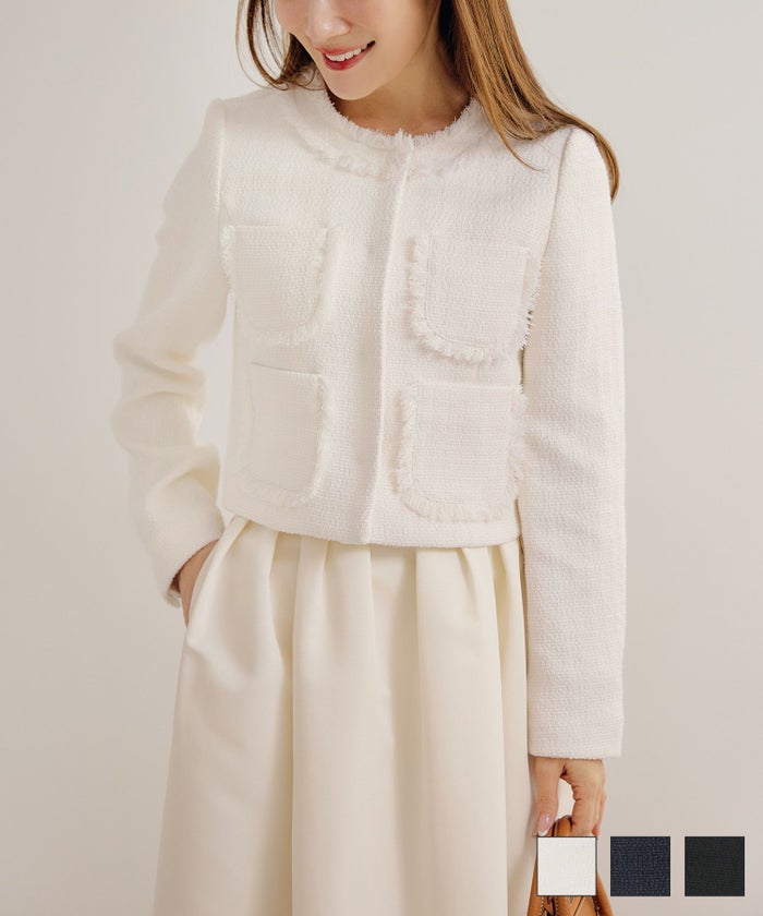 オケージョン 入卒園 上品 フォーマル セレモニー 大人可愛い カジュアル きれいめ S M L ジョイントスペース オケージョン フリンジ ジャケット Liala×PG