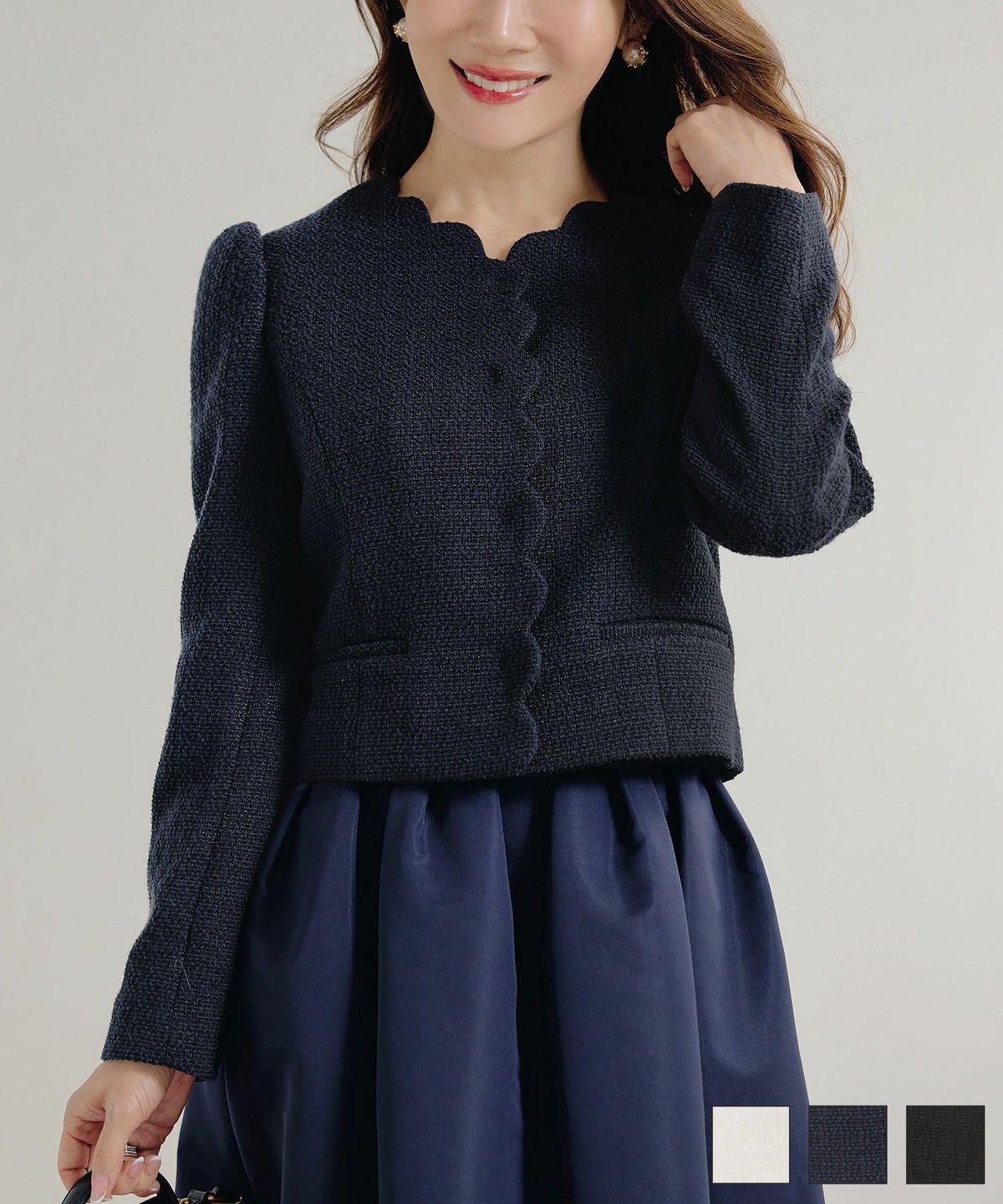 オケージョン スカラップ Vネック ショート ジャケット Liala×PG