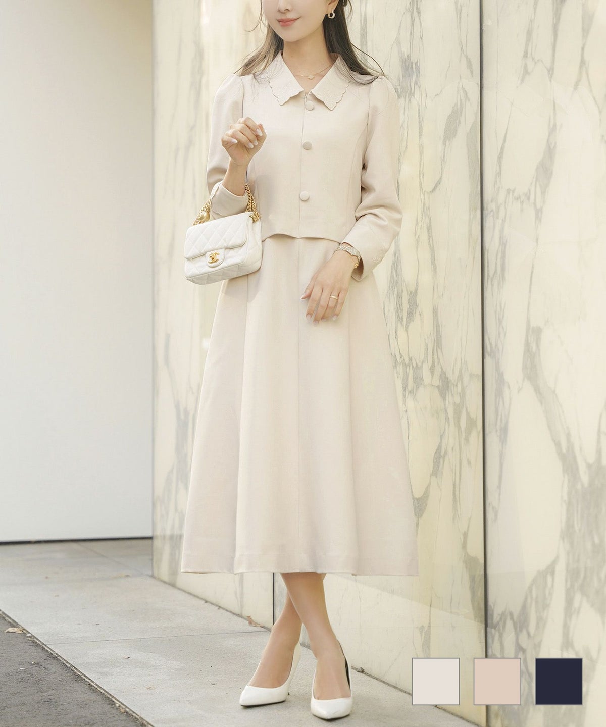 刺繍 襟付き フロントファスナー ワンピース le reve vaniller 全3色｜lvn341-2175【1】