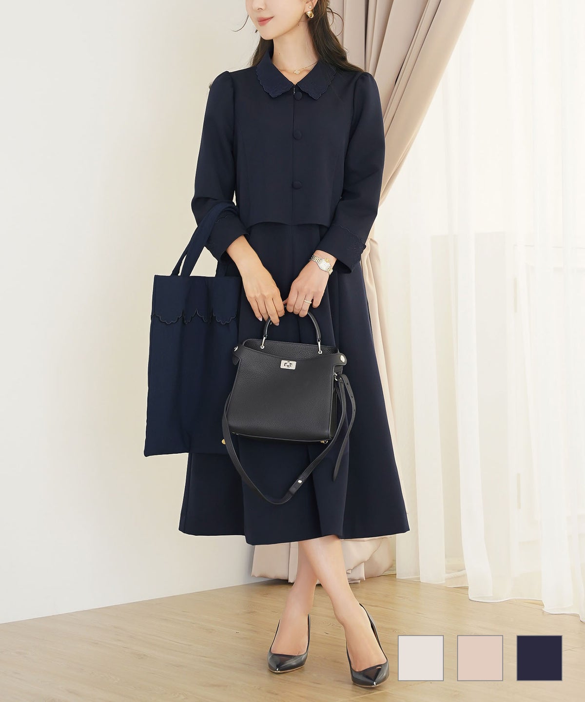 ワンピース 入園式 入学式 卒園式 卒業式 セレモニー ママフォーマル ジャケット見え きれいめ 上品 体型カバー 前ファスナー 授乳可 刺繍 くるみボタン 刺繍 襟付き フロントファスナー ワンピース le reve vaniller