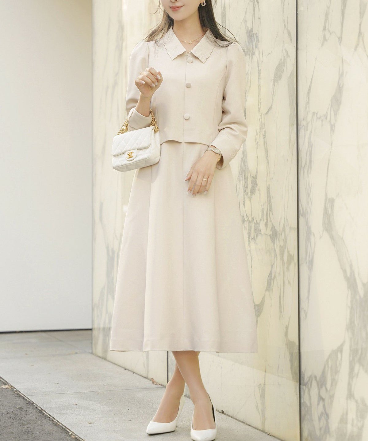 ワンピース 入園式 入学式 卒園式 卒業式 セレモニー ママフォーマル ジャケット見え きれいめ 上品 体型カバー 前ファスナー 授乳可 刺繍 くるみボタン