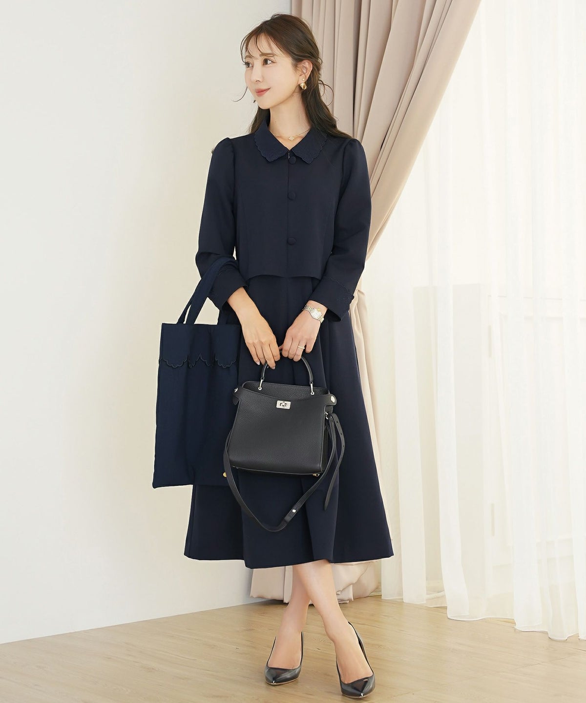 ワンピース 入園式 入学式 卒園式 卒業式 セレモニー ママフォーマル ジャケット見え きれいめ 上品 体型カバー 前ファスナー 授乳可 刺繍 くるみボタン