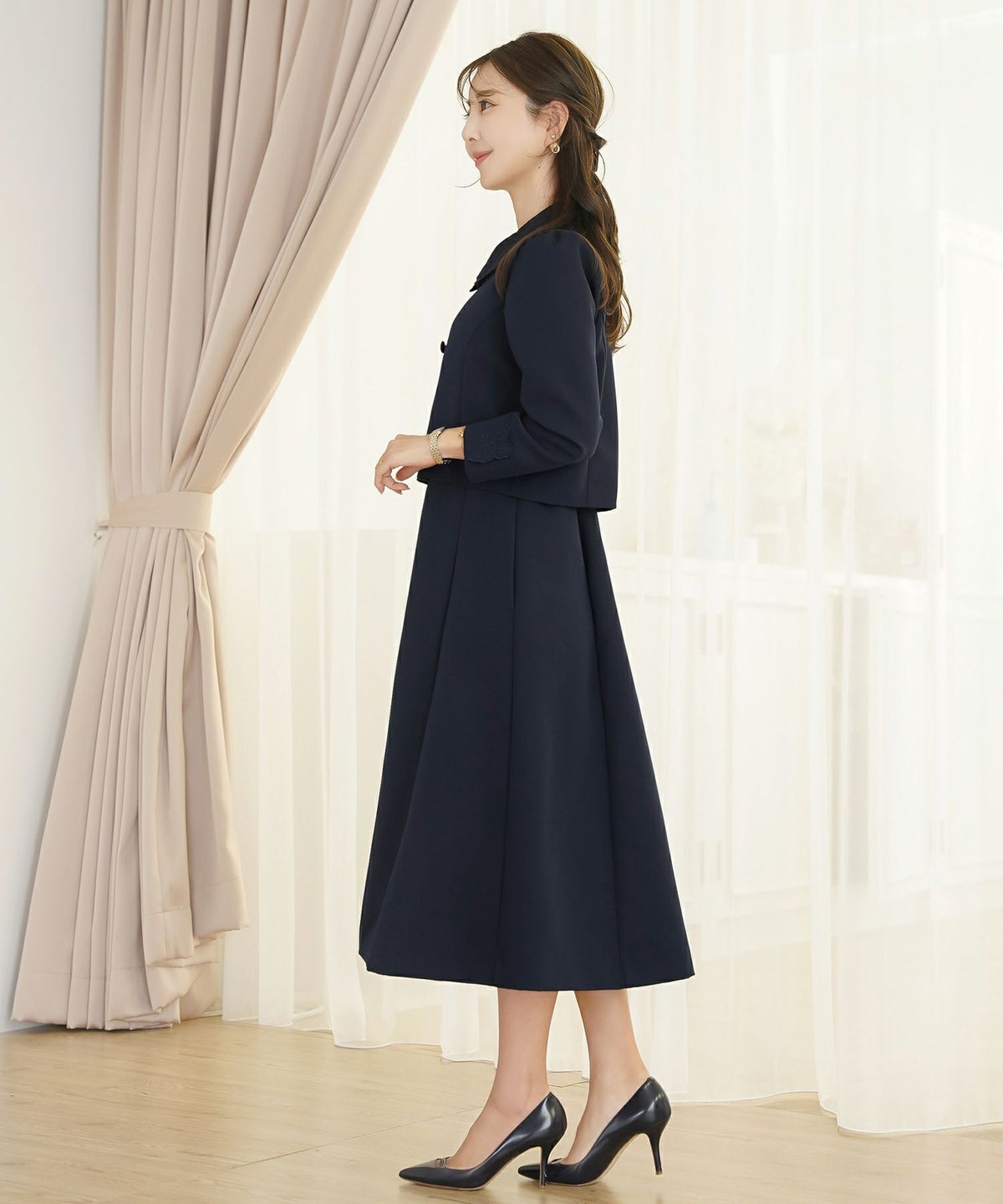 ワンピース 入園式 入学式 卒園式 卒業式 セレモニー ママフォーマル ジャケット見え きれいめ 上品 体型カバー 前ファスナー 授乳可 刺繍 くるみボタン