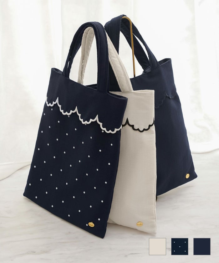 バッグ グッズ サブバッグ A4 ドット シンプル スカラップ 刺繍 上品 エレガント フェミニン オケージョン きれいめ スリッパ入れ 授業参観 入卒 縦型 ドット スカラップ サブバッグ le reve vaniller