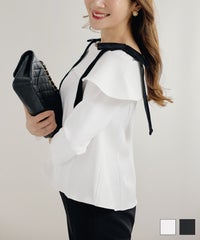 手洗い可 大人可愛い 上品 きれいめ オフィス 大人カジュアル フェミニン 白黒 ジョイントスペース ベロアリボン バーサカラー ブラウス Liala×PG