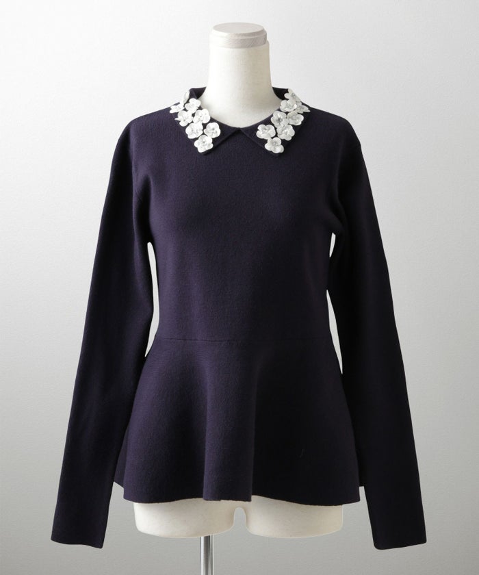フラワーモチーフ 襟付き ニット トップス レディース フラワー サテン ビジュー 上品 ペプラム フレア アンゴラタッチ きれいめ 洗える アイボリー/ネイビーミックス/ブラックミックス M