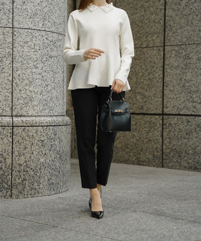 フラワーモチーフ 襟付き ニット トップス レディース フラワー サテン ビジュー 上品 ペプラム フレア アンゴラタッチ きれいめ 洗える アイボリー/ネイビーミックス/ブラックミックス M