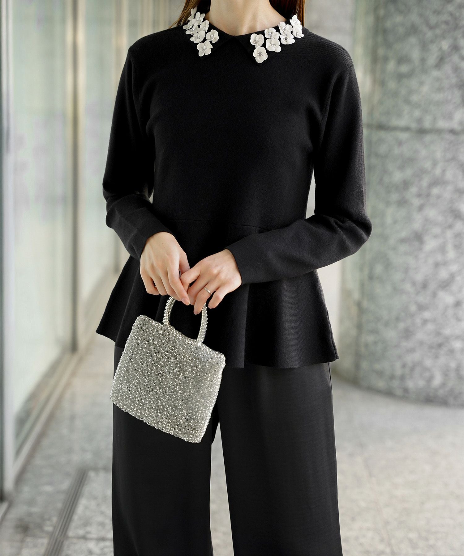 SPRING-SALE フラワーモチーフ 襟付き ニット トップス HUIT 全3色